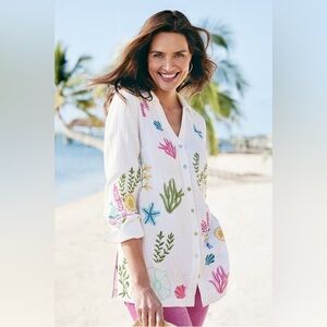 Soft Surroundings Escambia Gauze Tunic Shirt Embroidered Sea Life beach XL